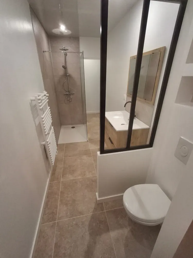 Toilette avec séparation en verre dans une salle de douvhe